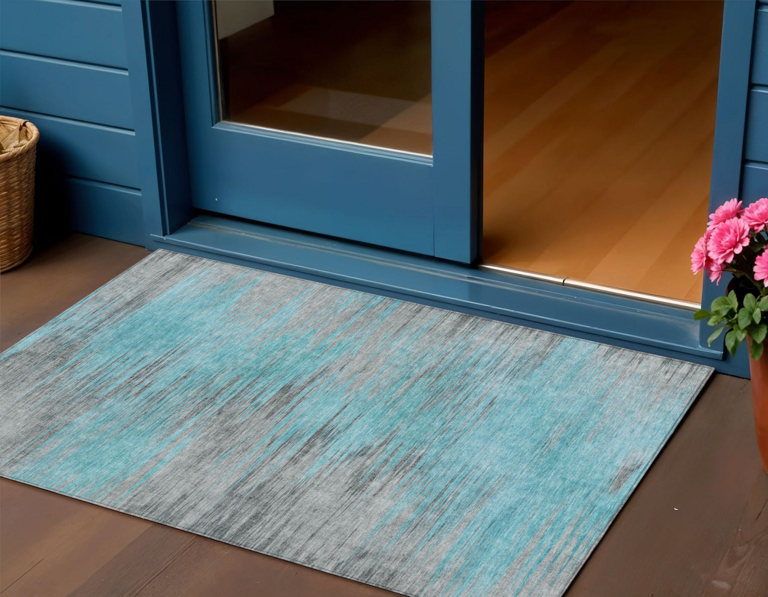 3 X 5 Teal Blue Charcoal And Gray Abstract Washable Indoor Outdoor Area Rug