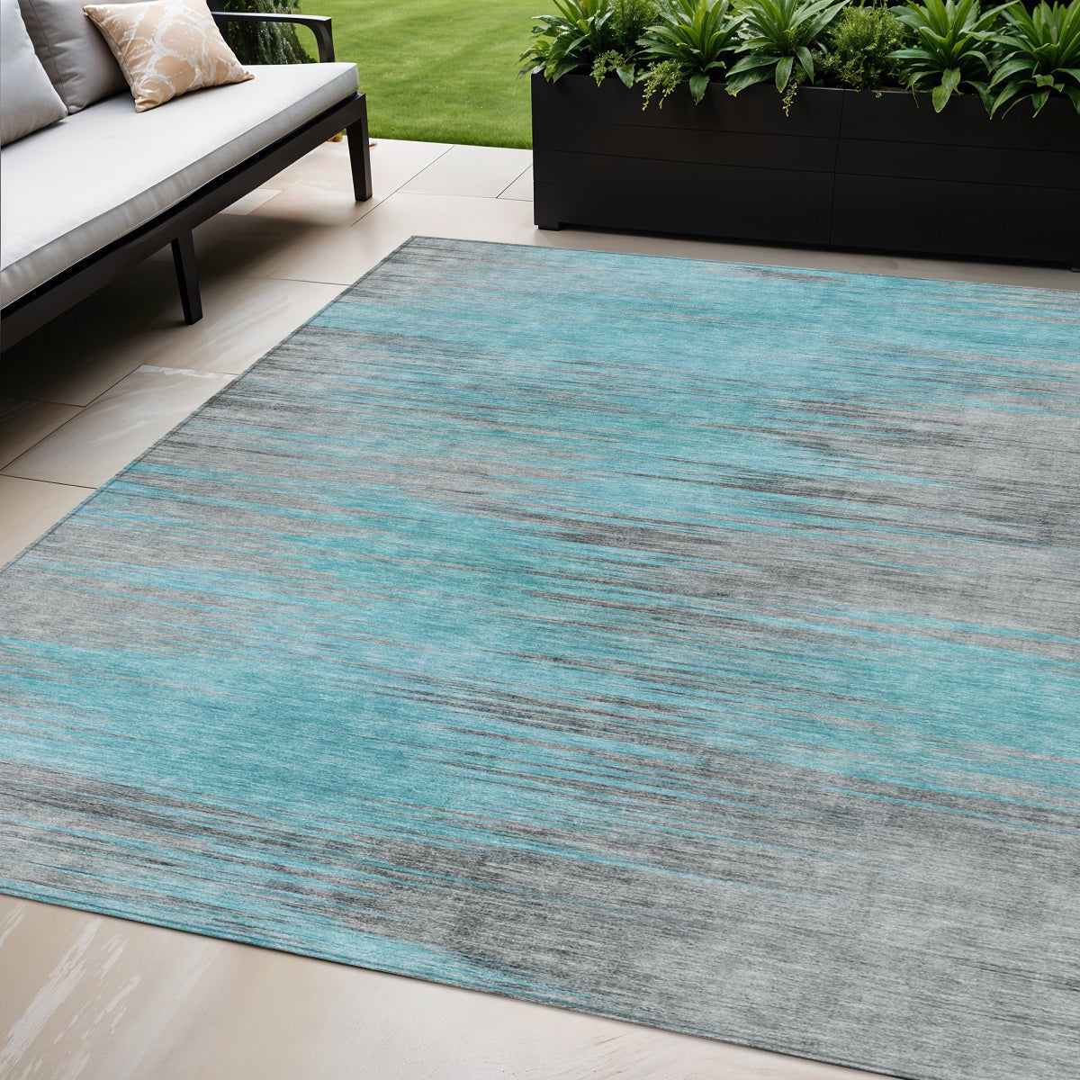 5 X 8 Teal Blue Charcoal And Gray Abstract Washable Indoor Outdoor Area Rug