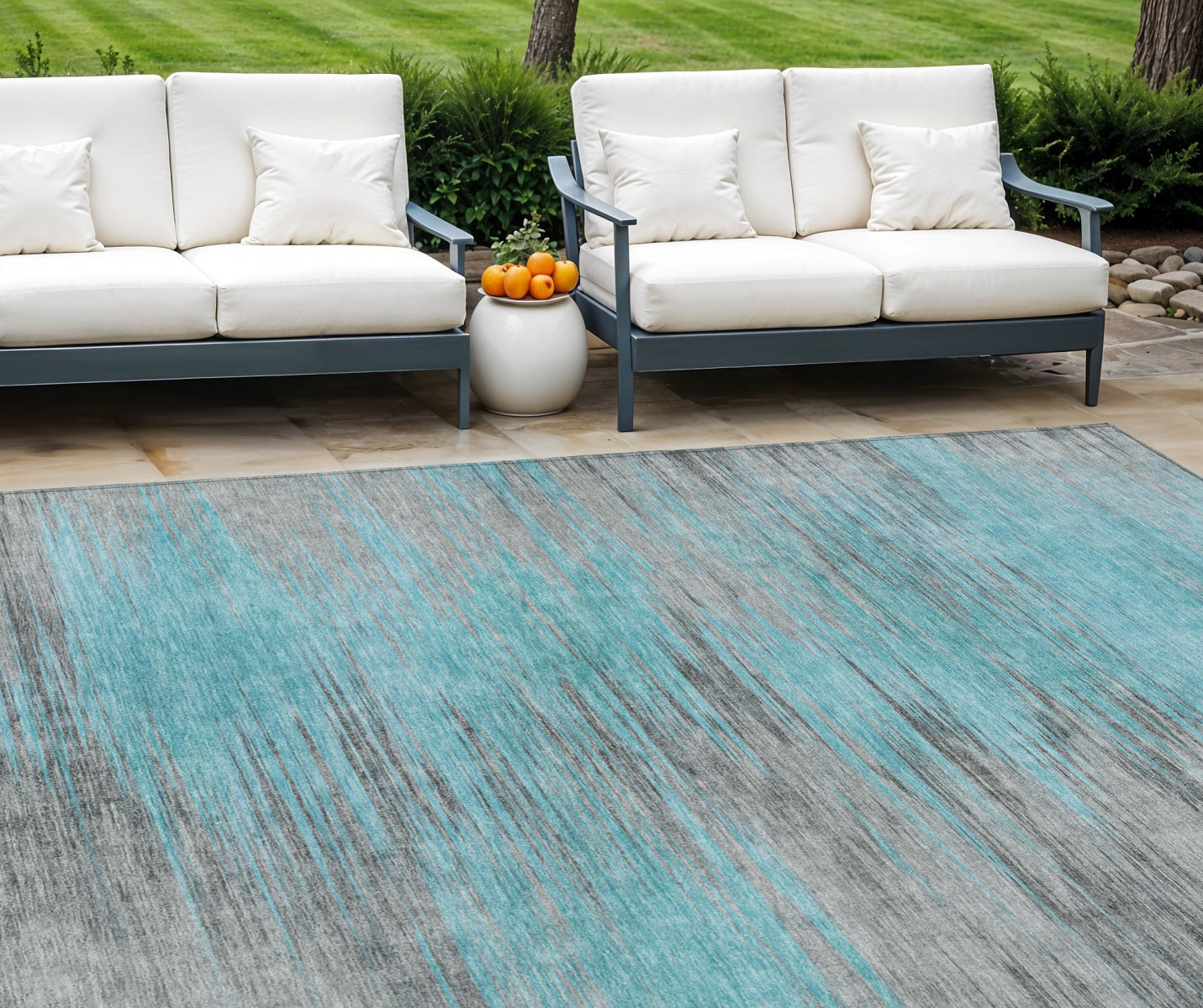8 X 10 Teal Blue Charcoal And Gray Abstract Washable Indoor Outdoor Area Rug