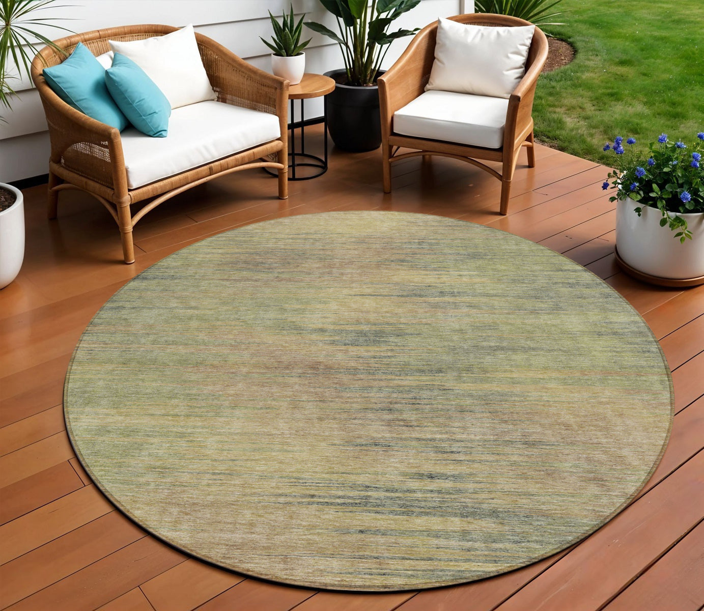 8 Artichoke Green Fern Green And Gold Round Abstract Washable Indoor Outdoor Area Rug