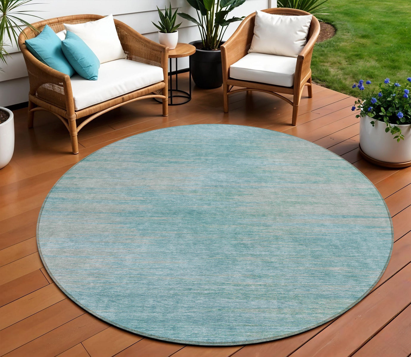 8 Aqua Teal Blue And Gray Round Abstract Washable Indoor Outdoor Area Rug