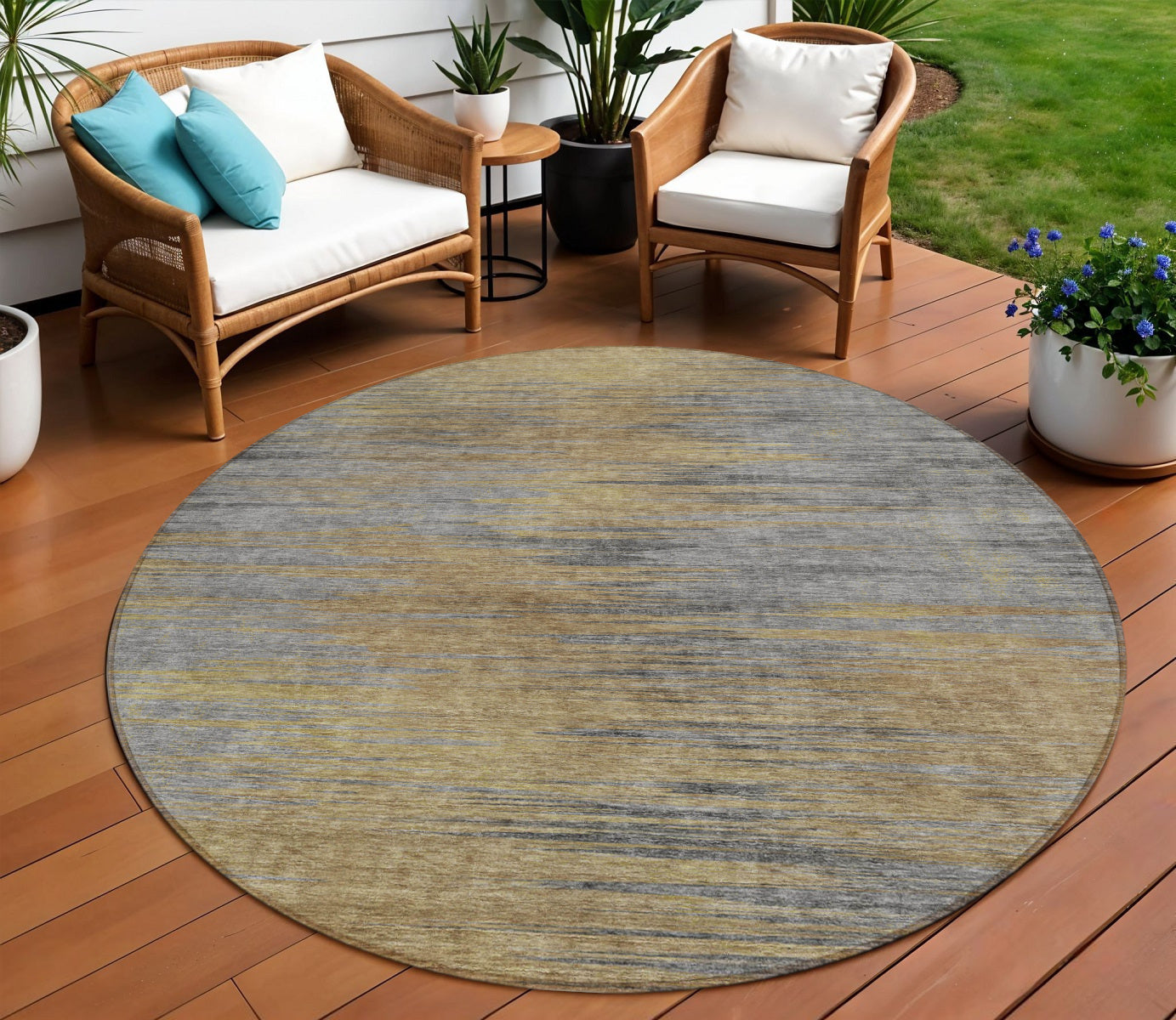 8 Brown Gold And Taupe Round Abstract Washable Indoor Outdoor Area Rug
