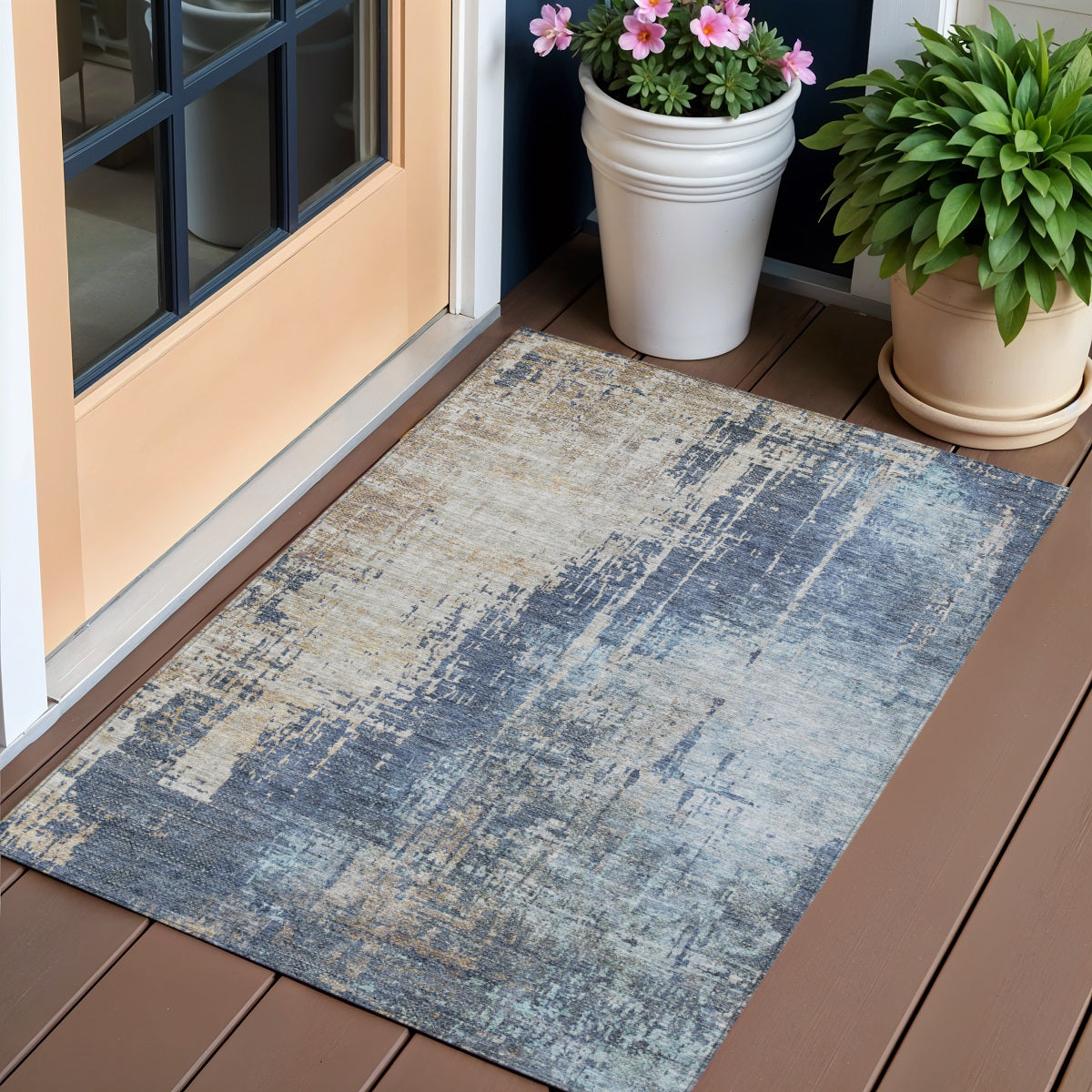 3 X 5 Navy Blue And Taupe Abstract Washable Indoor Outdoor Area Rug