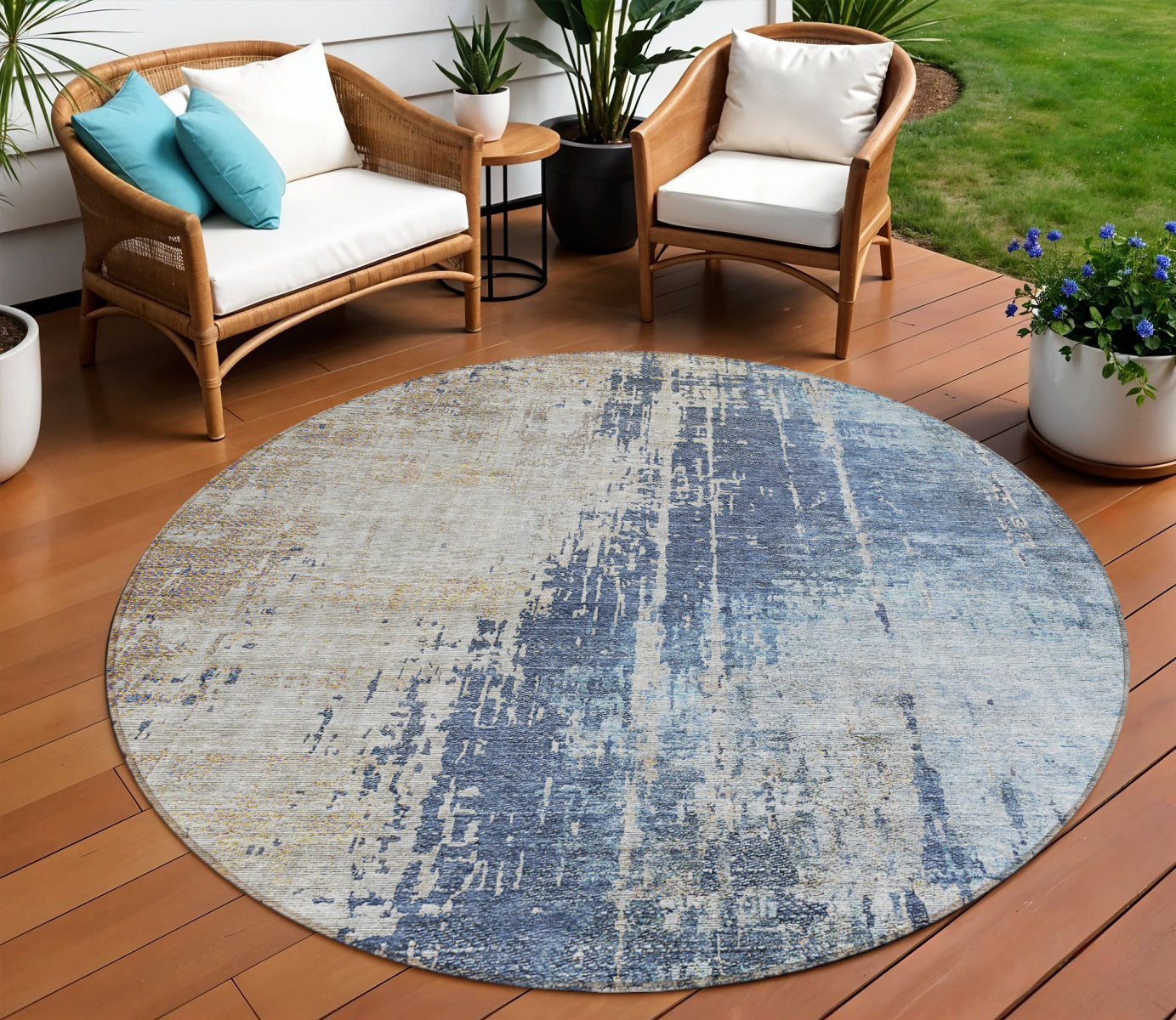 8 Navy Blue And Taupe Round Abstract Washable Indoor Outdoor Area Rug