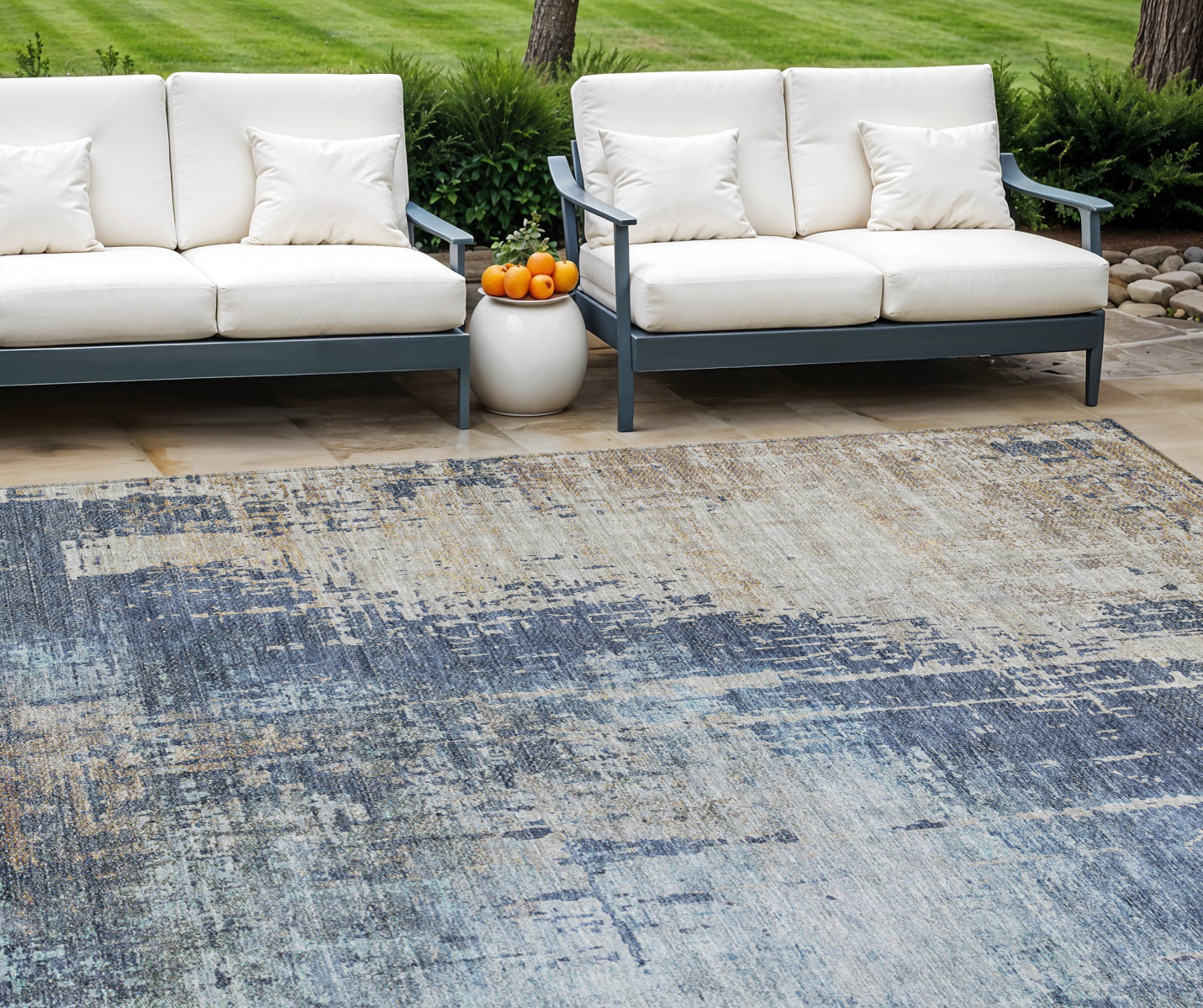 10 X 14 Navy Blue And Taupe Abstract Washable Indoor Outdoor Area Rug