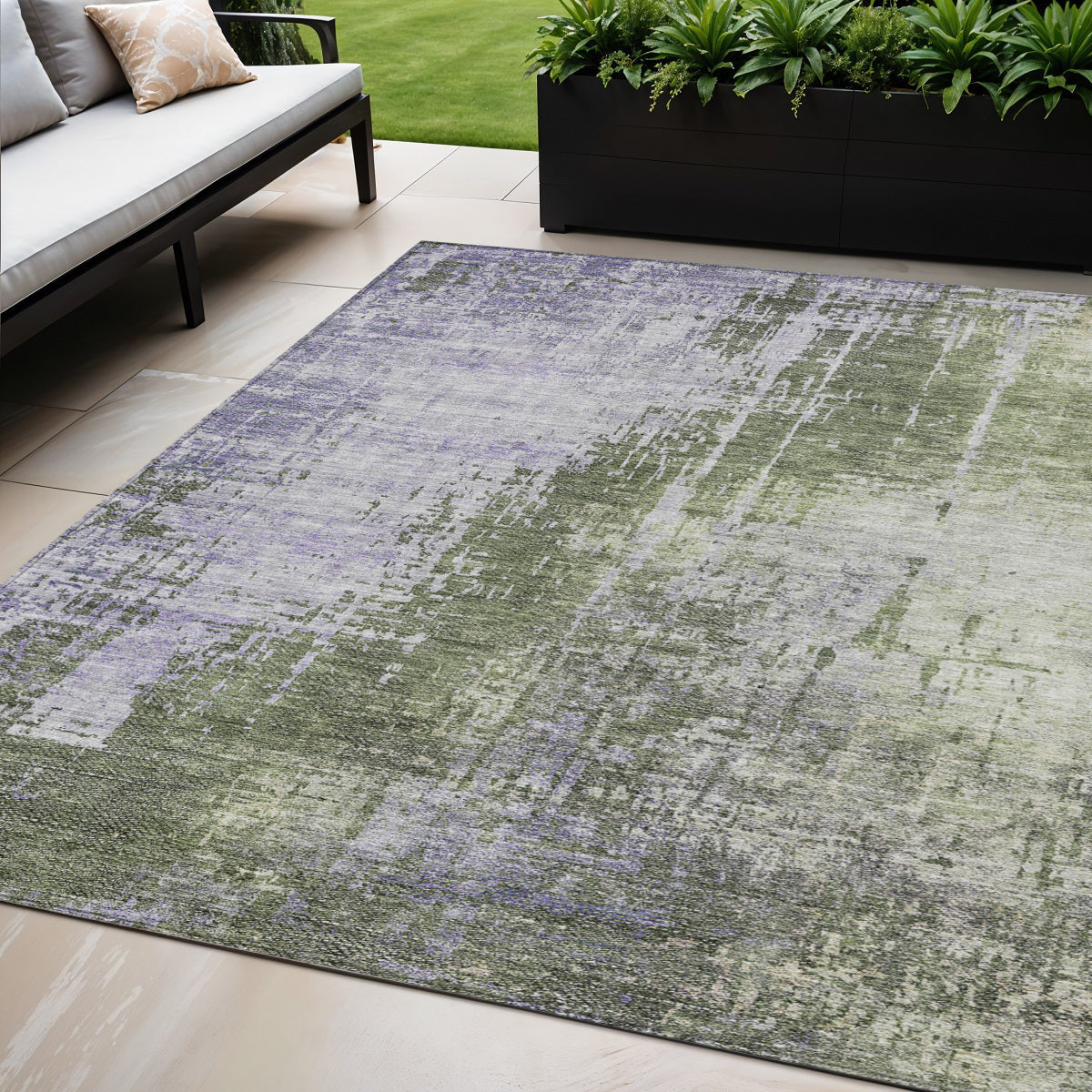 5 X 8 Olive Green And Purple Abstract Washable Indoor Outdoor Area Rug
