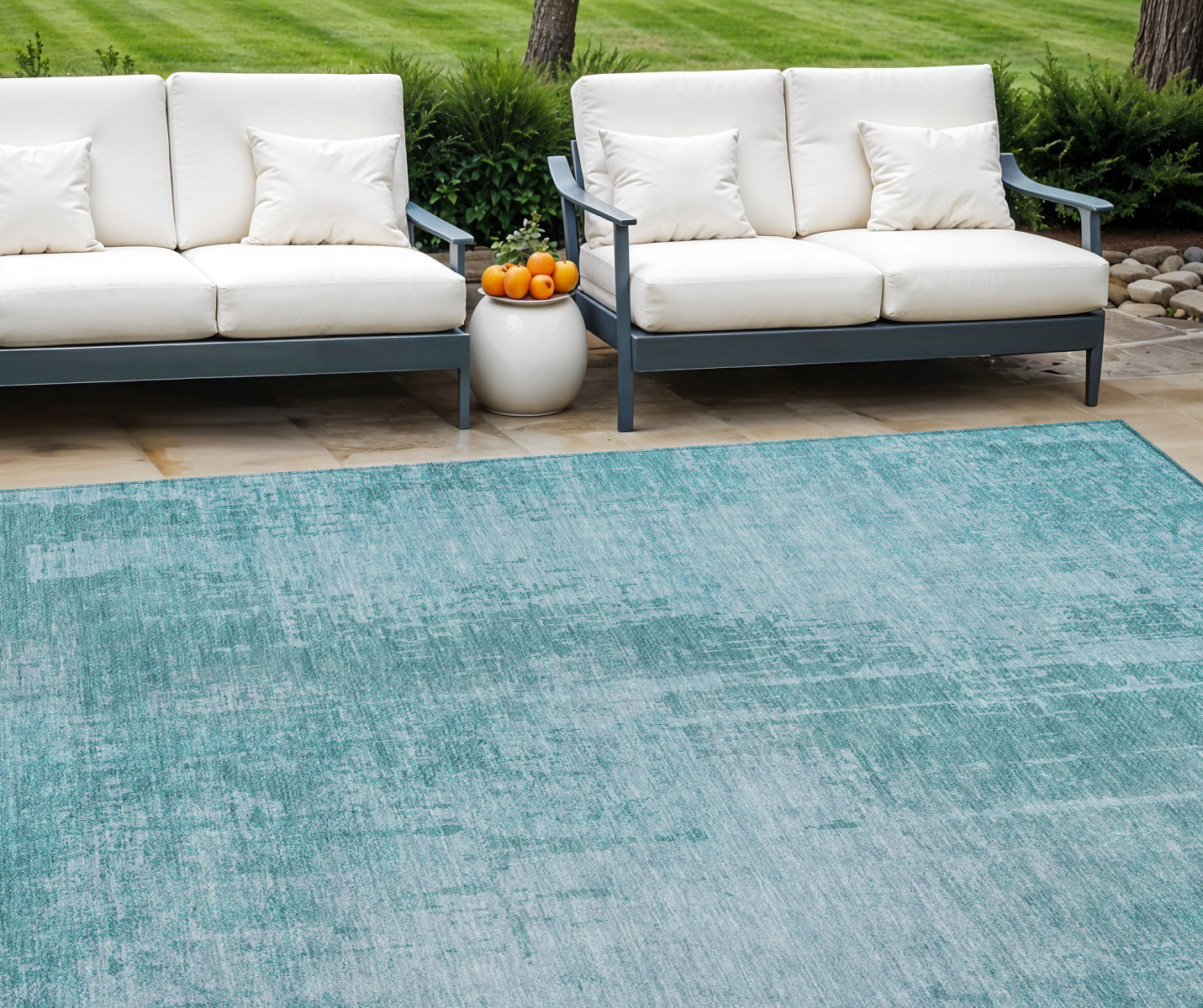 9 X 12 Aqua Teal Blue And Gray Abstract Washable Indoor Outdoor Area Rug