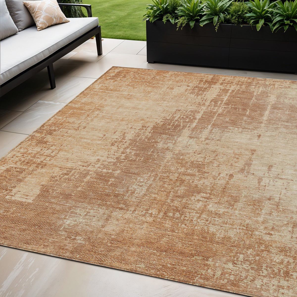 5 X 8 Terra Cotta And Copper Abstract Washable Indoor Outdoor Area Rug