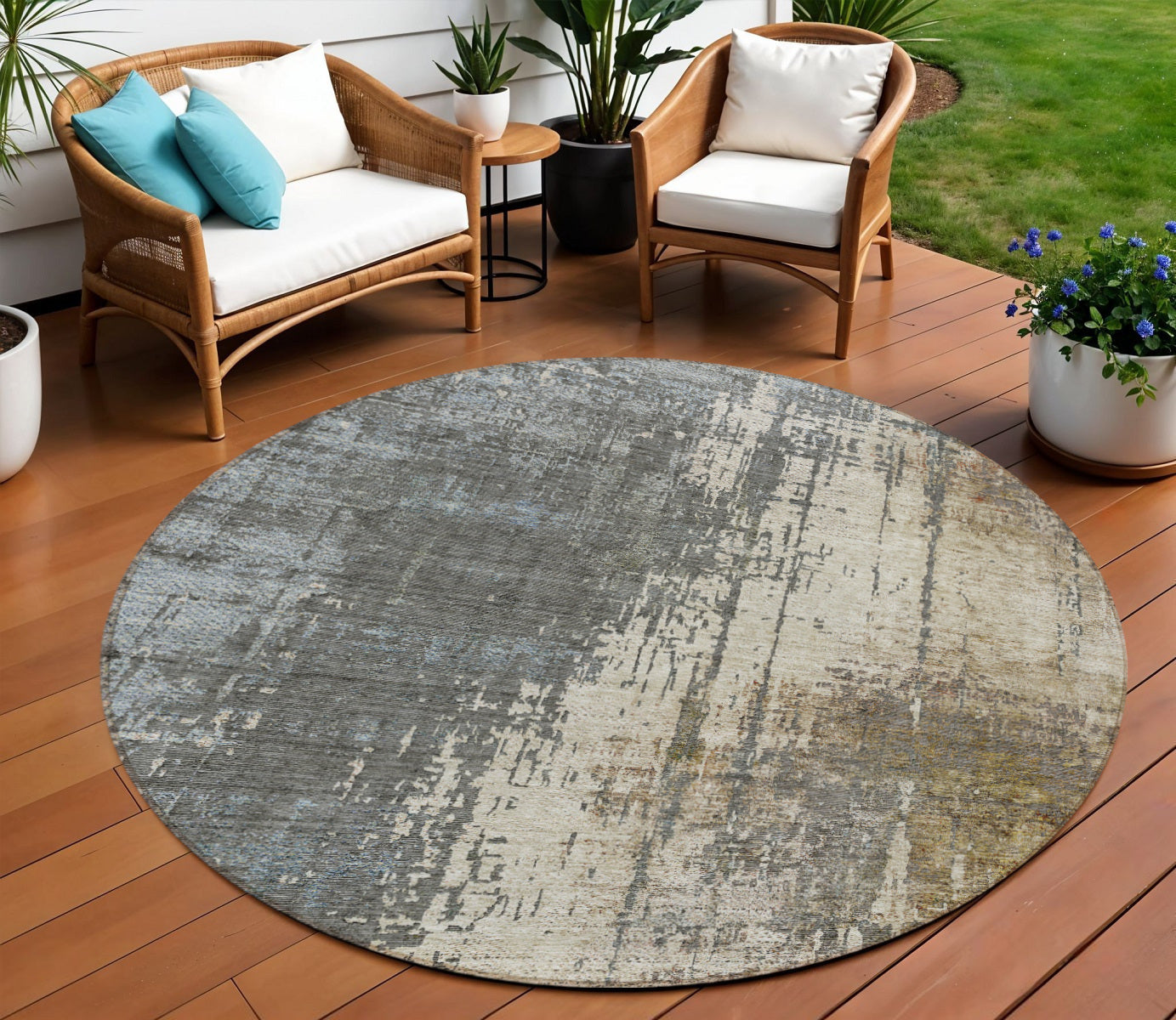8 Beige Brown And Gray Round Abstract Washable Indoor Outdoor Area Rug