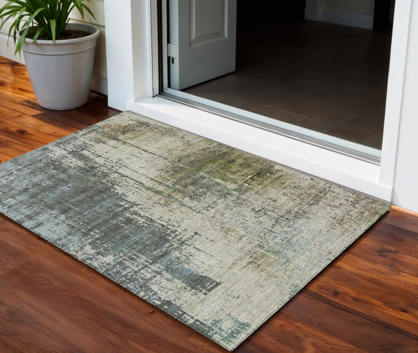 3 X 5 Sage Beige And Brown Abstract Washable Indoor Outdoor Area Rug
