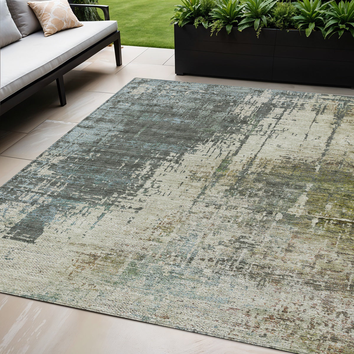 5 X 8 Sage Beige And Brown Abstract Washable Indoor Outdoor Area Rug