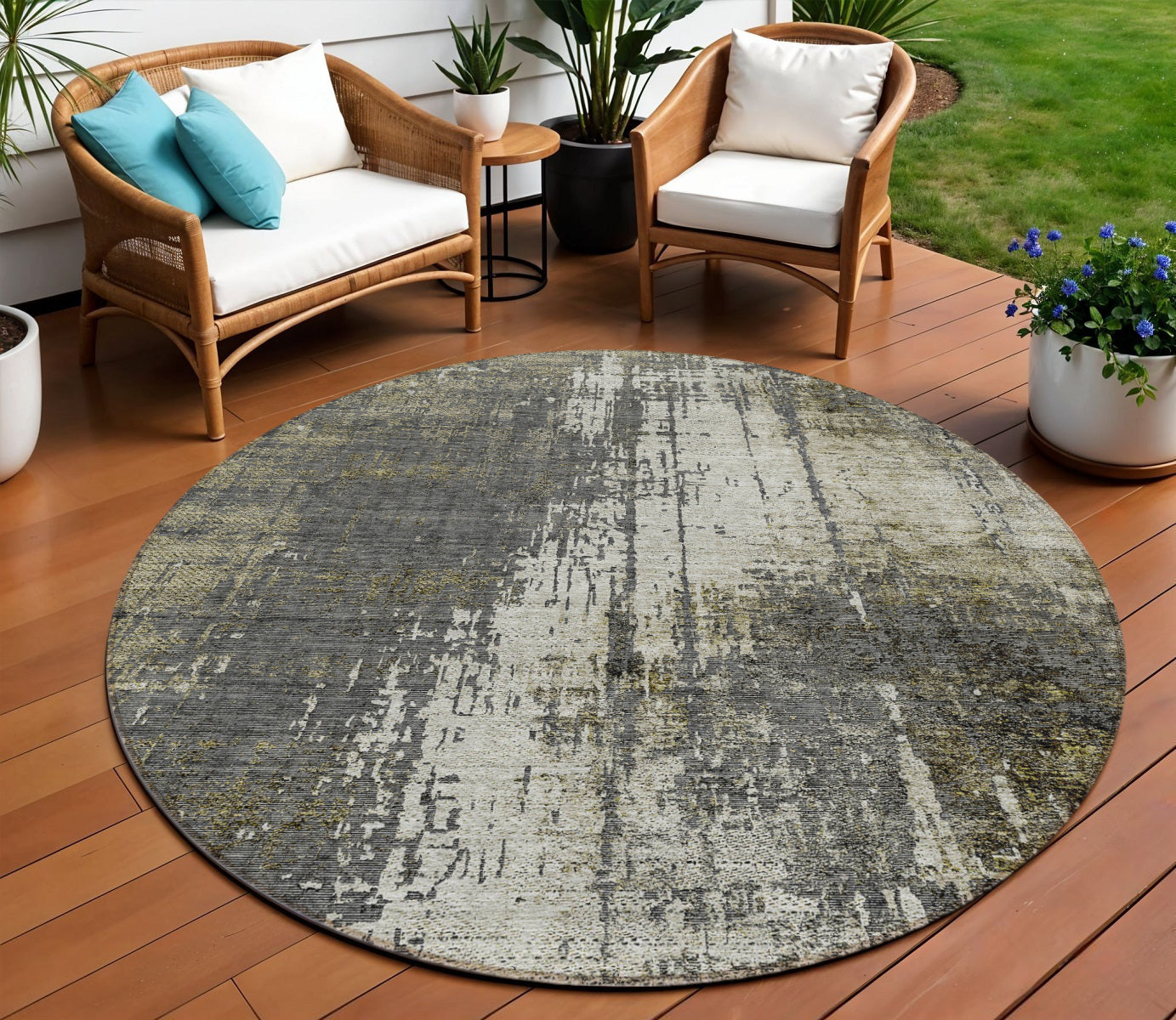 8 Taupe Beige And Olive Green Round Abstract Washable Indoor Outdoor Area Rug