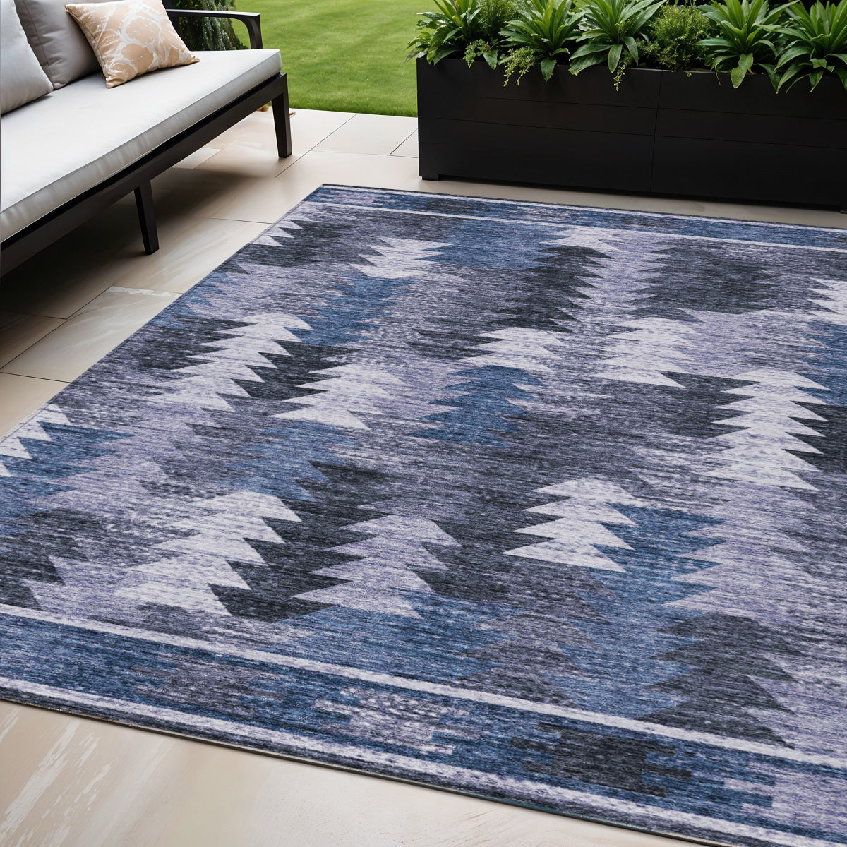 5 X 8 Navy Blue And Sky Blue Southwestern Washable Indoor Outdoor Area Rug