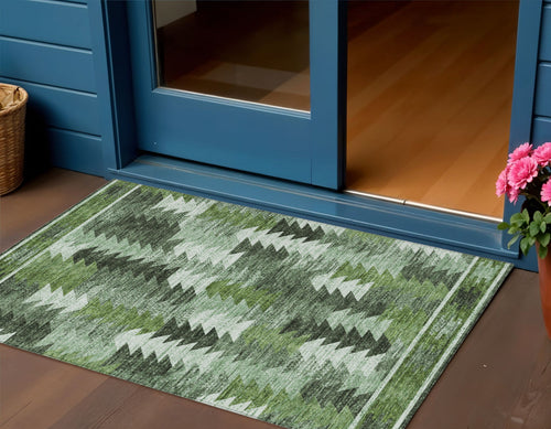 3 X 5 Olive Green And Fern Green Southwestern Washable Indoor Outdoor Area Rug