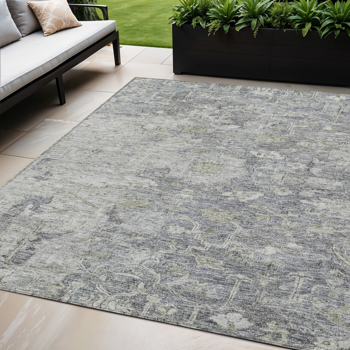 5 X 8 Gray Beige And Charcoal Oriental Washable Indoor Outdoor Area Rug