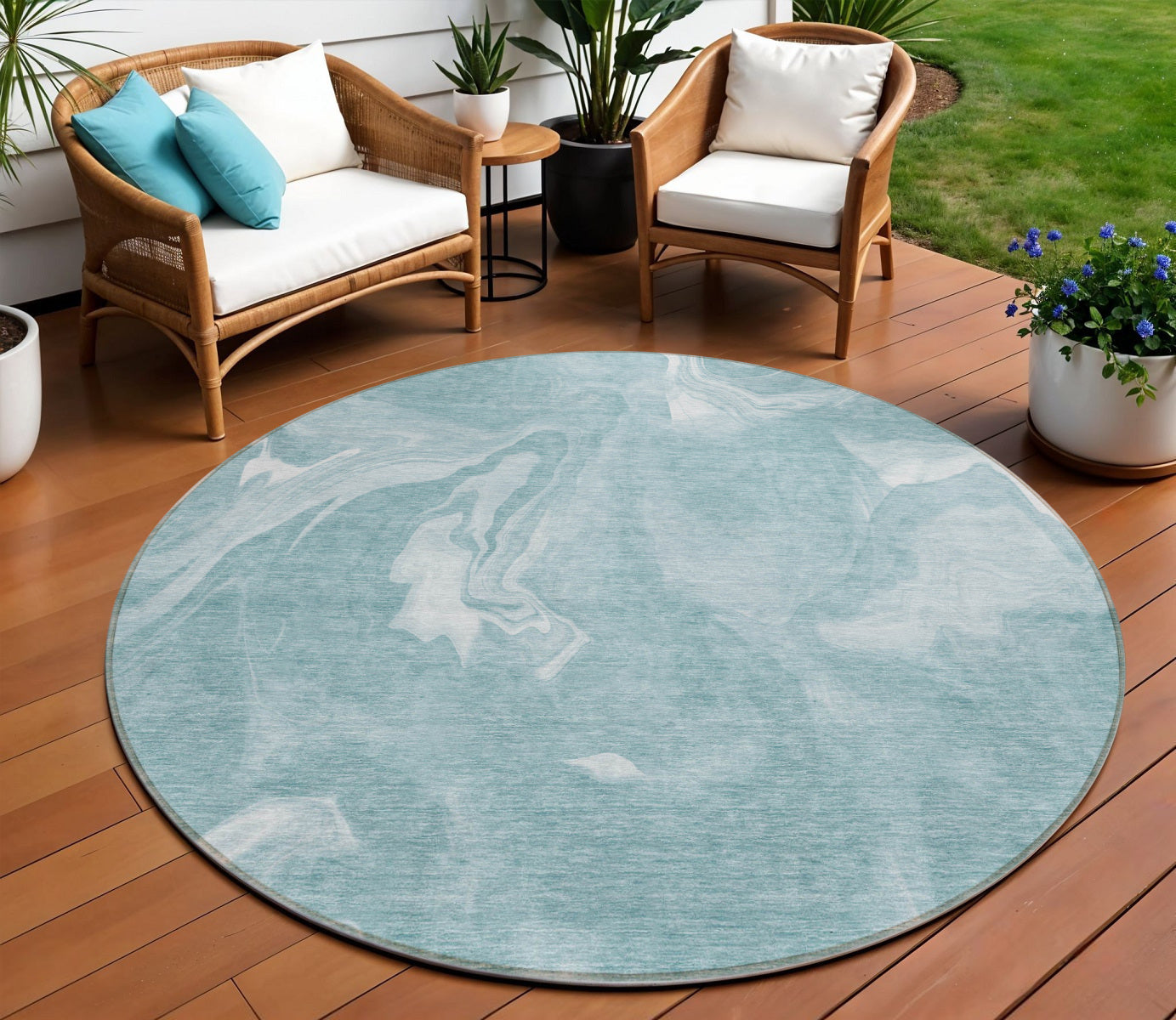 8 Teal Blue And Aqua Round Abstract Washable Indoor Outdoor Area Rug