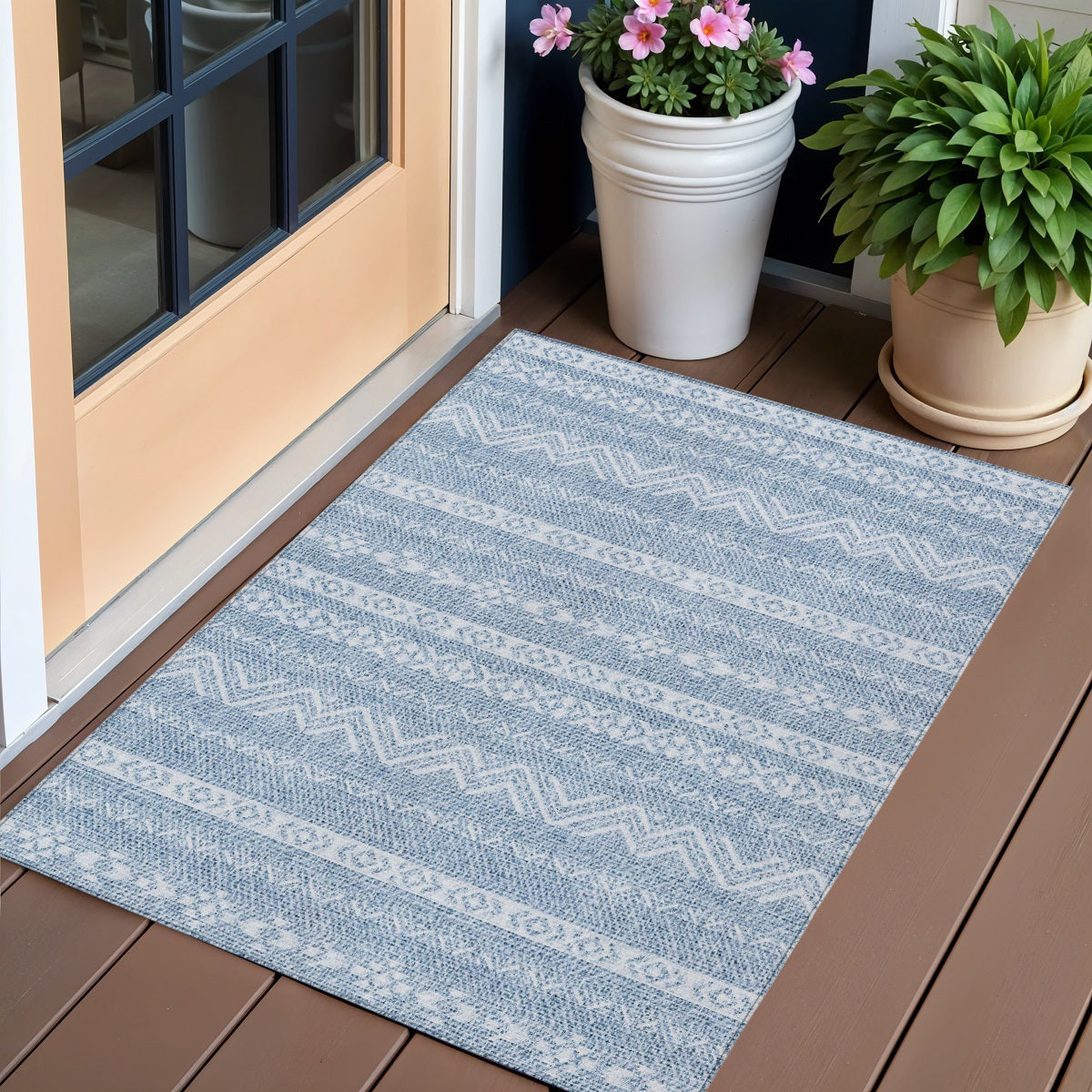 3 X 5 Blue And Denim Blue Southwestern Washable Indoor Outdoor Area Rug