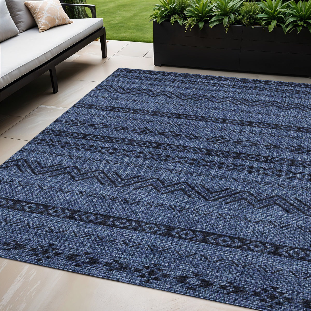 5 X 8 Navy Blue Southwestern Washable Indoor Outdoor Area Rug