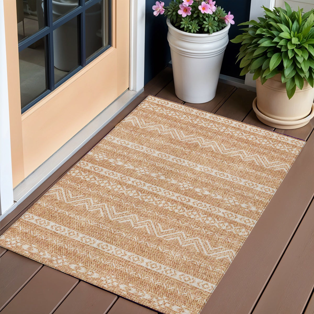 3 X 5 Terra Cotta And Beige Southwestern Washable Indoor Outdoor Area Rug
