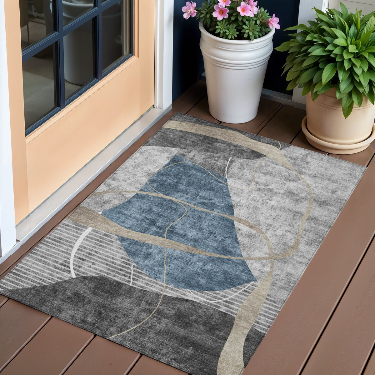 3 X 5 Blue Gray And Charcoal Abstract Washable Indoor Outdoor Area Rug