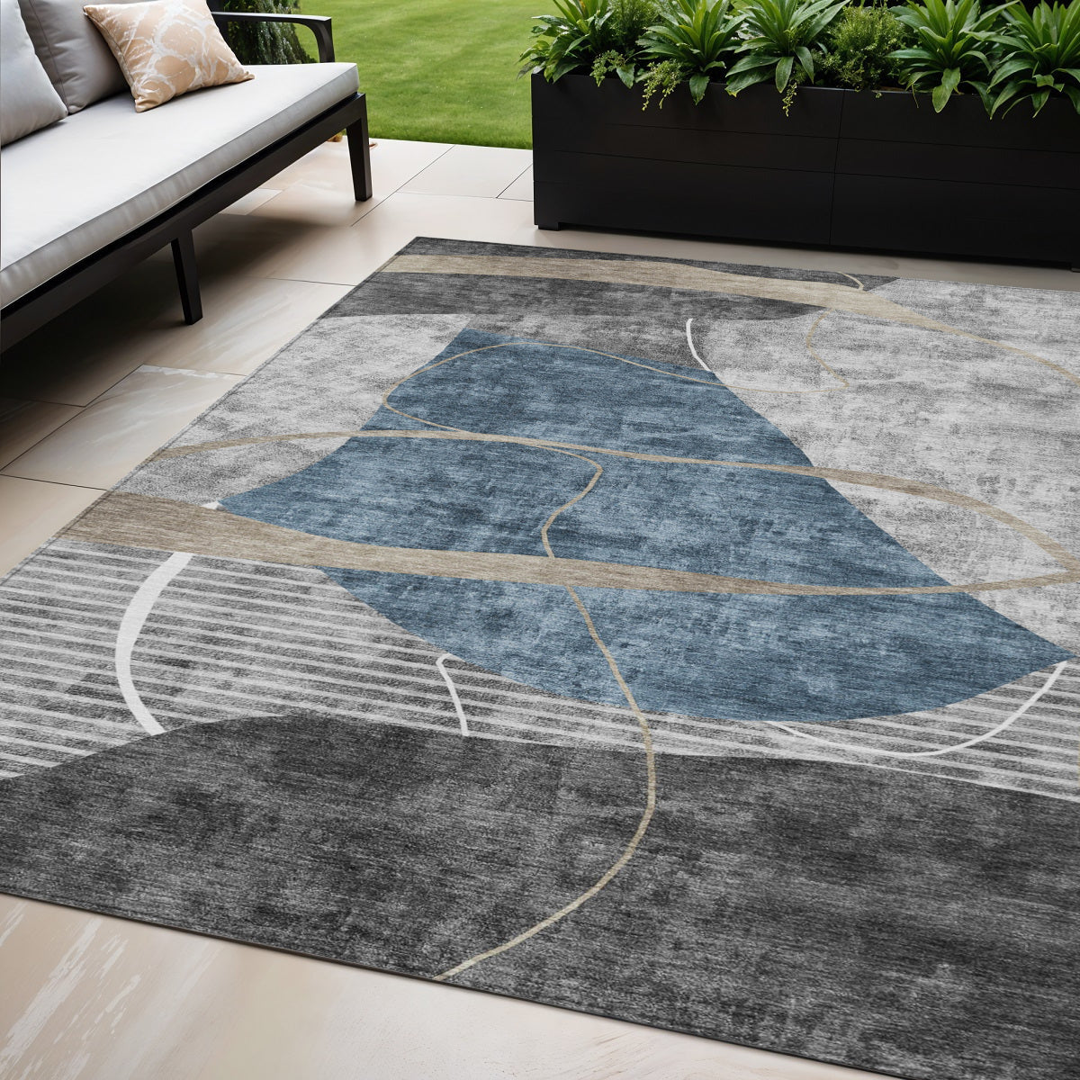 5 X 8 Blue Gray And Charcoal Abstract Washable Indoor Outdoor Area Rug