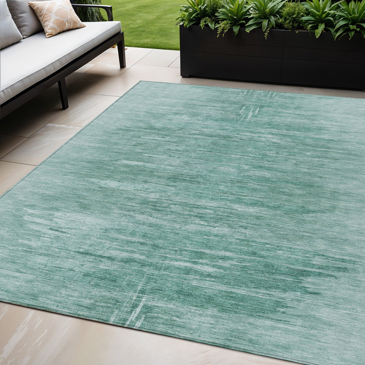5 X 8 Aqua And Teal Blue Abstract Washable Indoor Outdoor Area Rug