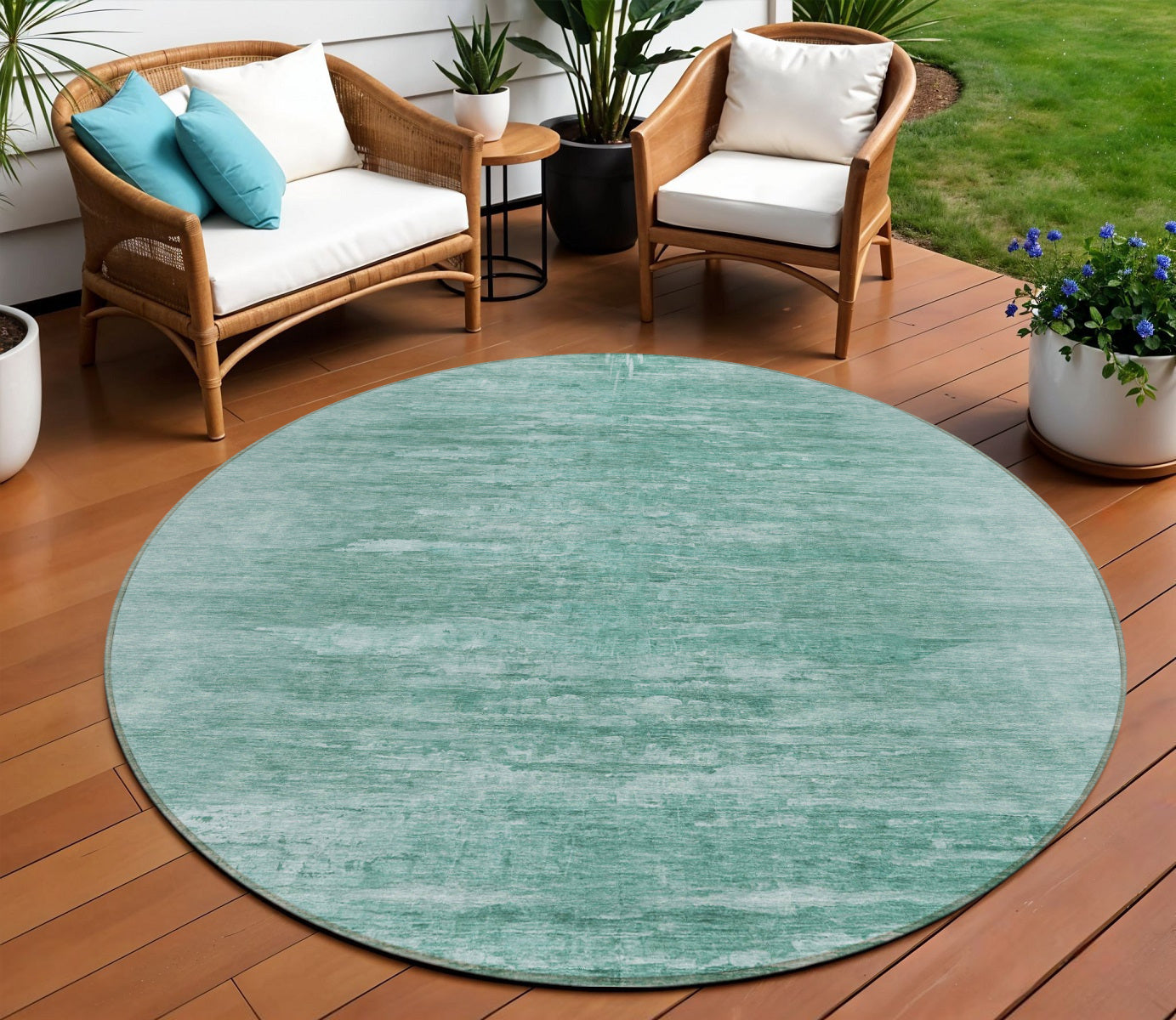 8 Aqua And Teal Blue Round Abstract Washable Indoor Outdoor Area Rug