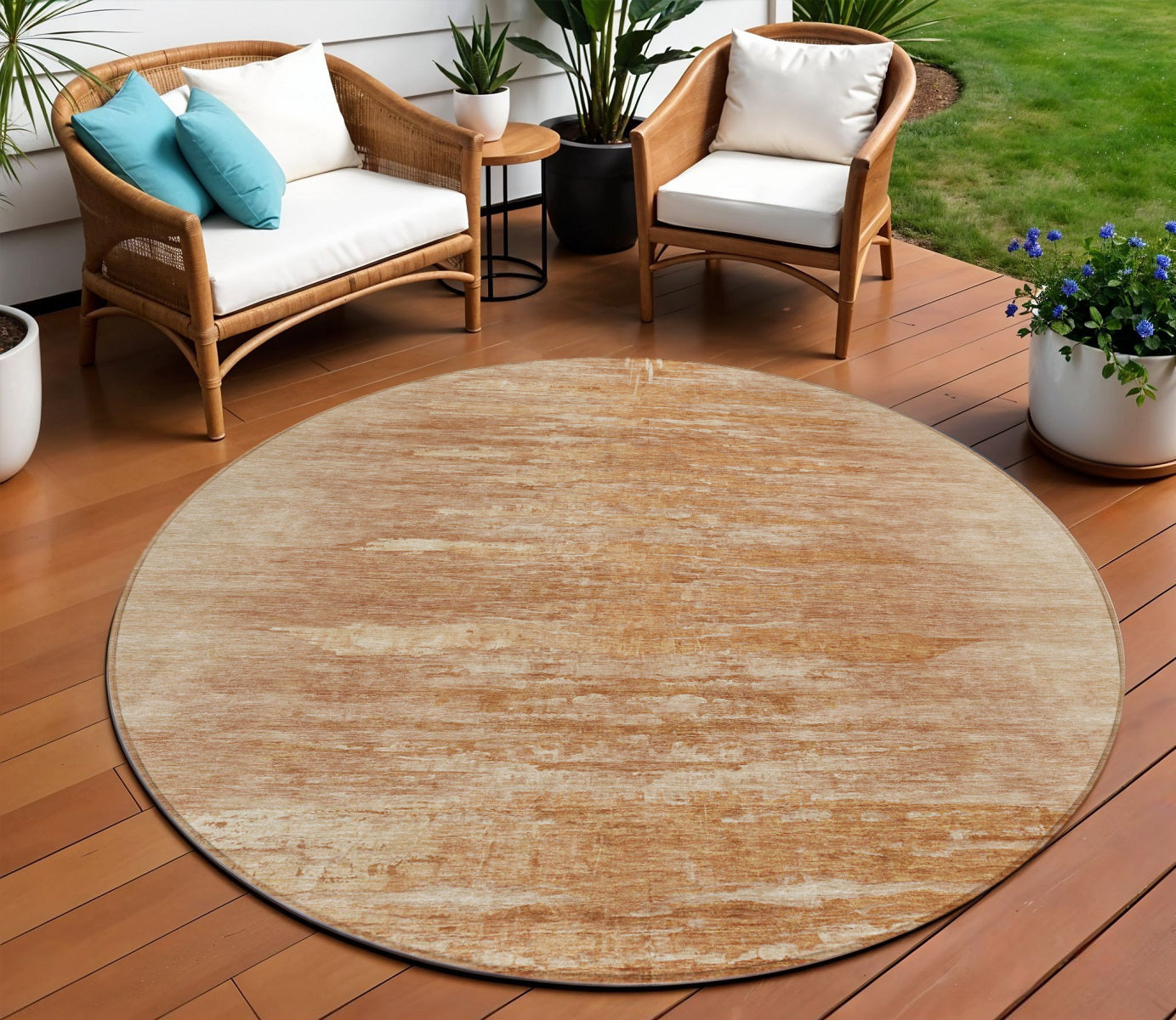 8 Salmon And Copper Round Abstract Washable Indoor Outdoor Area Rug