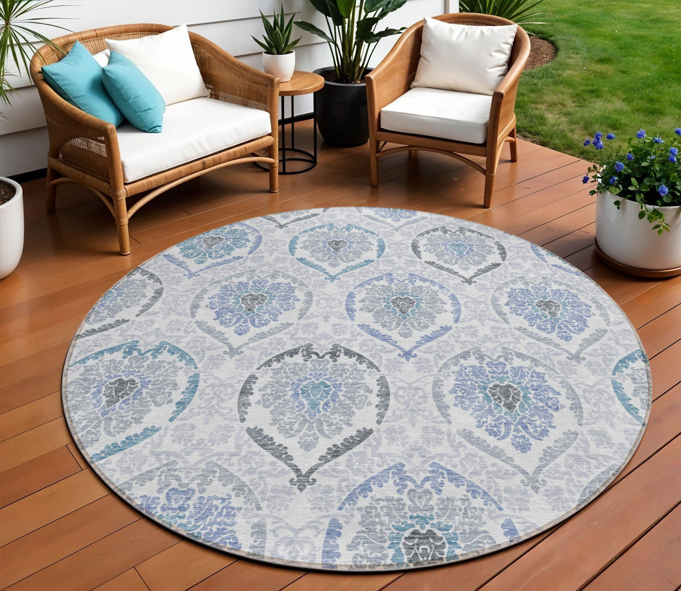 8 Gray And Denim Blue Round Medallion Washable Indoor Outdoor Area Rug