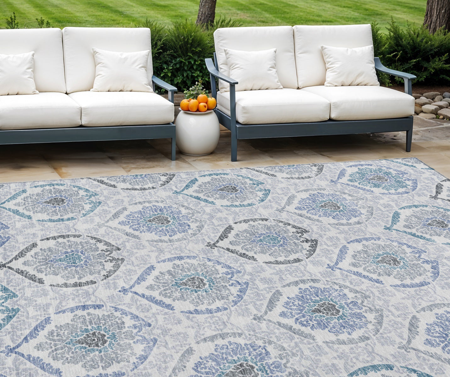 9 X 12 Gray And Denim Blue Medallion Washable Indoor Outdoor Area Rug