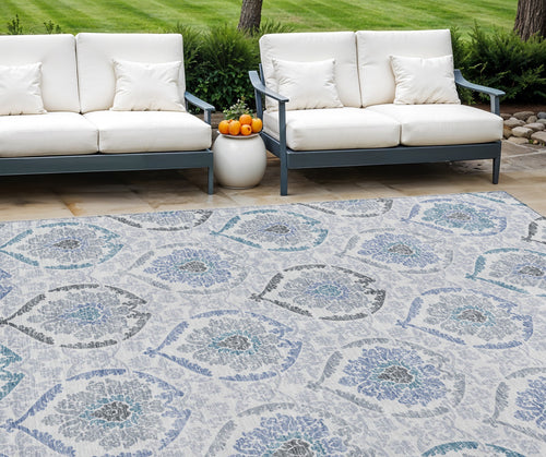 10 X 14 Gray And Denim Blue Medallion Washable Indoor Outdoor Area Rug