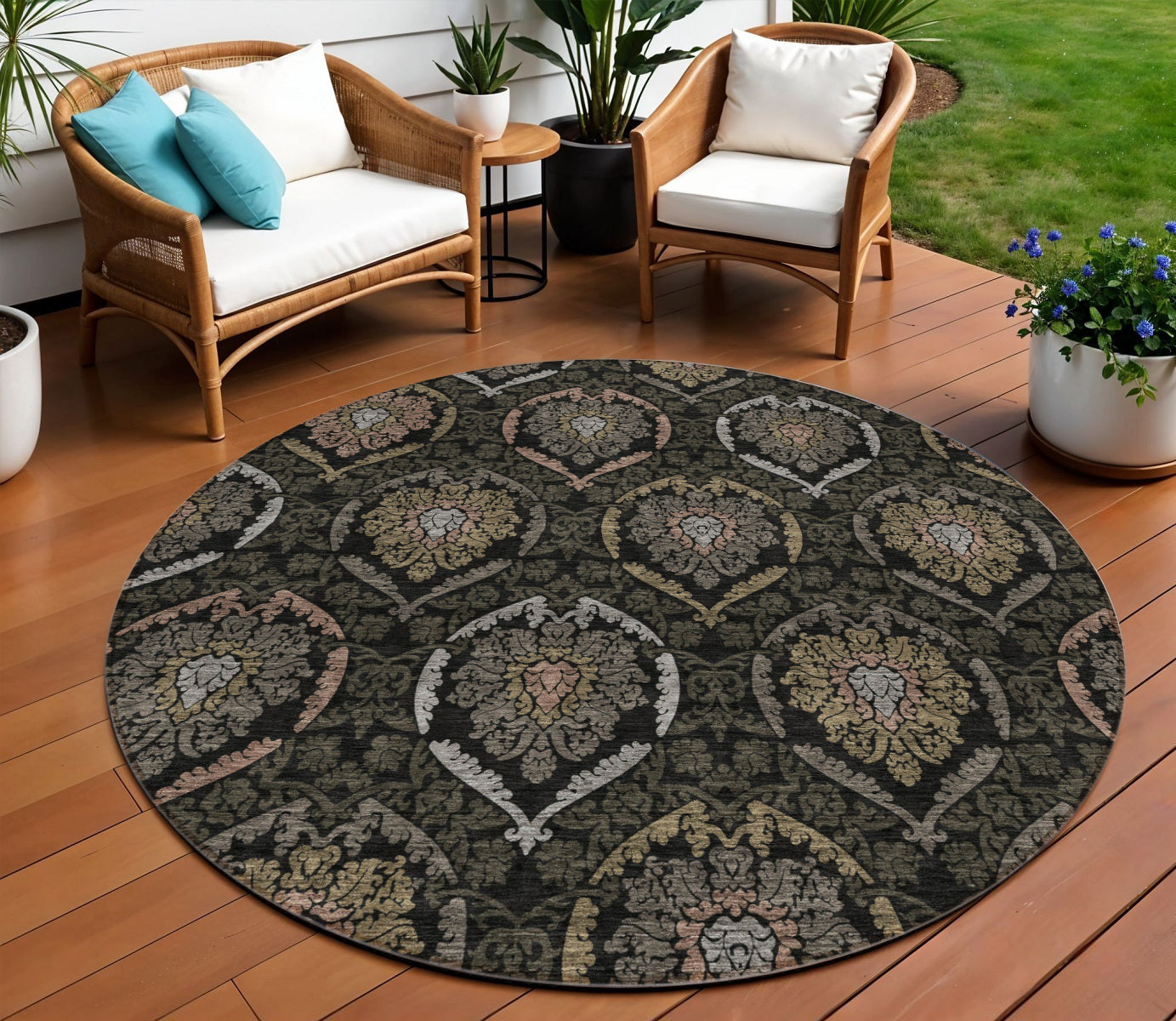 8 Black Gray And Brown Round Medallion Washable Indoor Outdoor Area Rug
