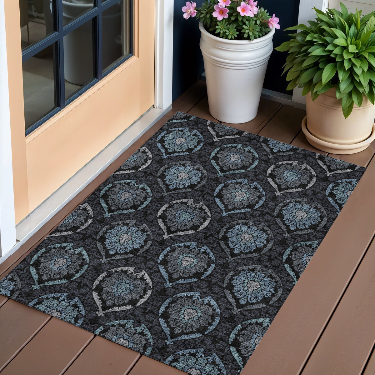 3 X 5 Blue Charcoal And Gray Medallion Washable Indoor Outdoor Area Rug