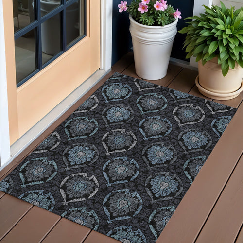 3 X 5 Blue Charcoal And Gray Medallion Washable Indoor Outdoor Area Rug
