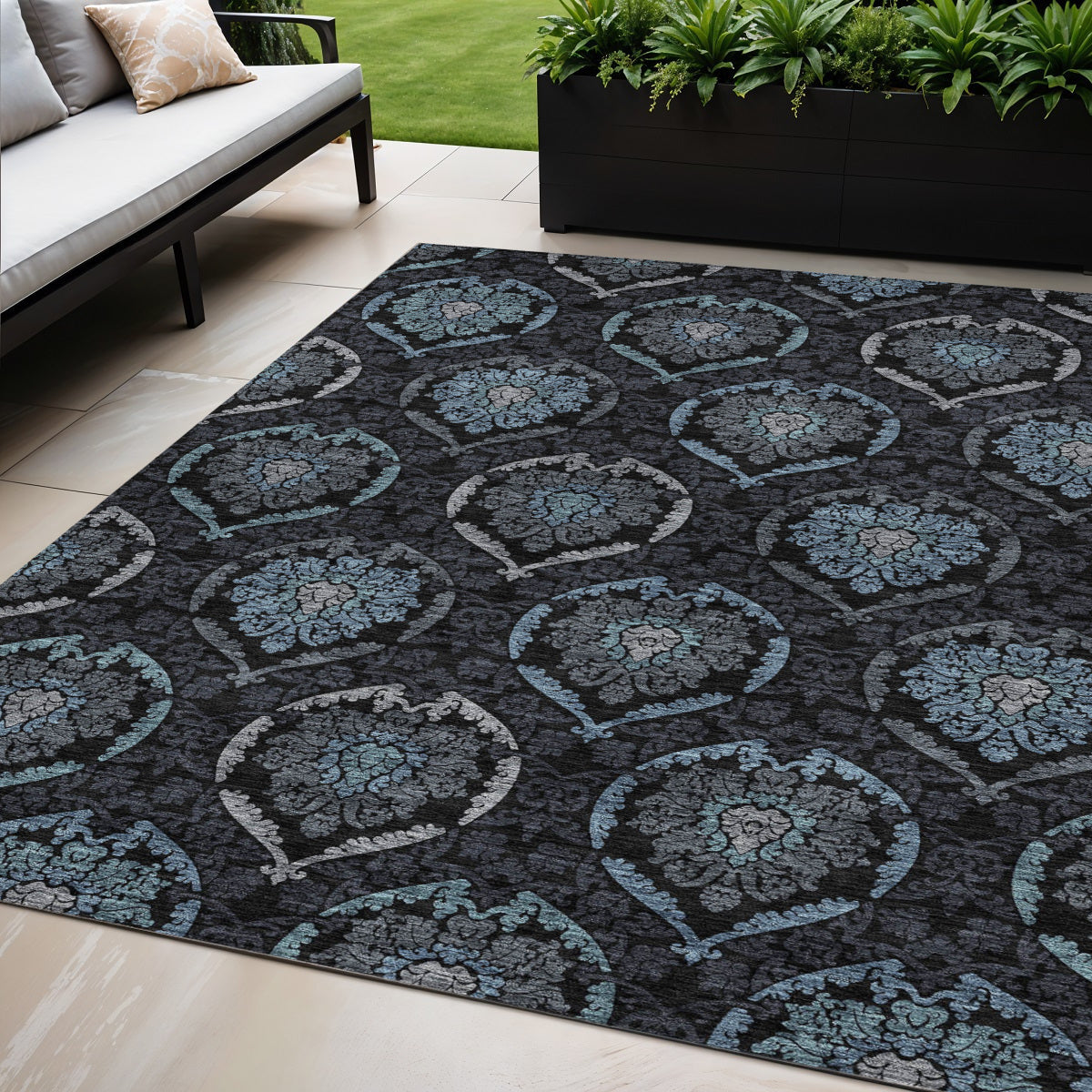 5 X 8 Blue Charcoal And Gray Medallion Washable Indoor Outdoor Area Rug