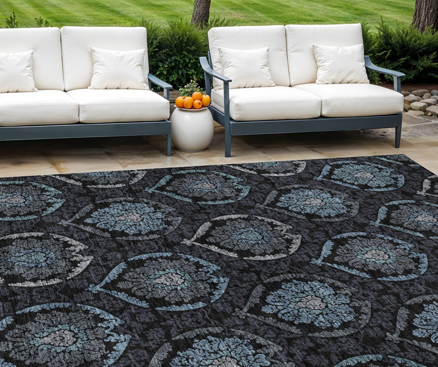 10 X 14 Blue Charcoal And Gray Medallion Washable Indoor Outdoor Area Rug