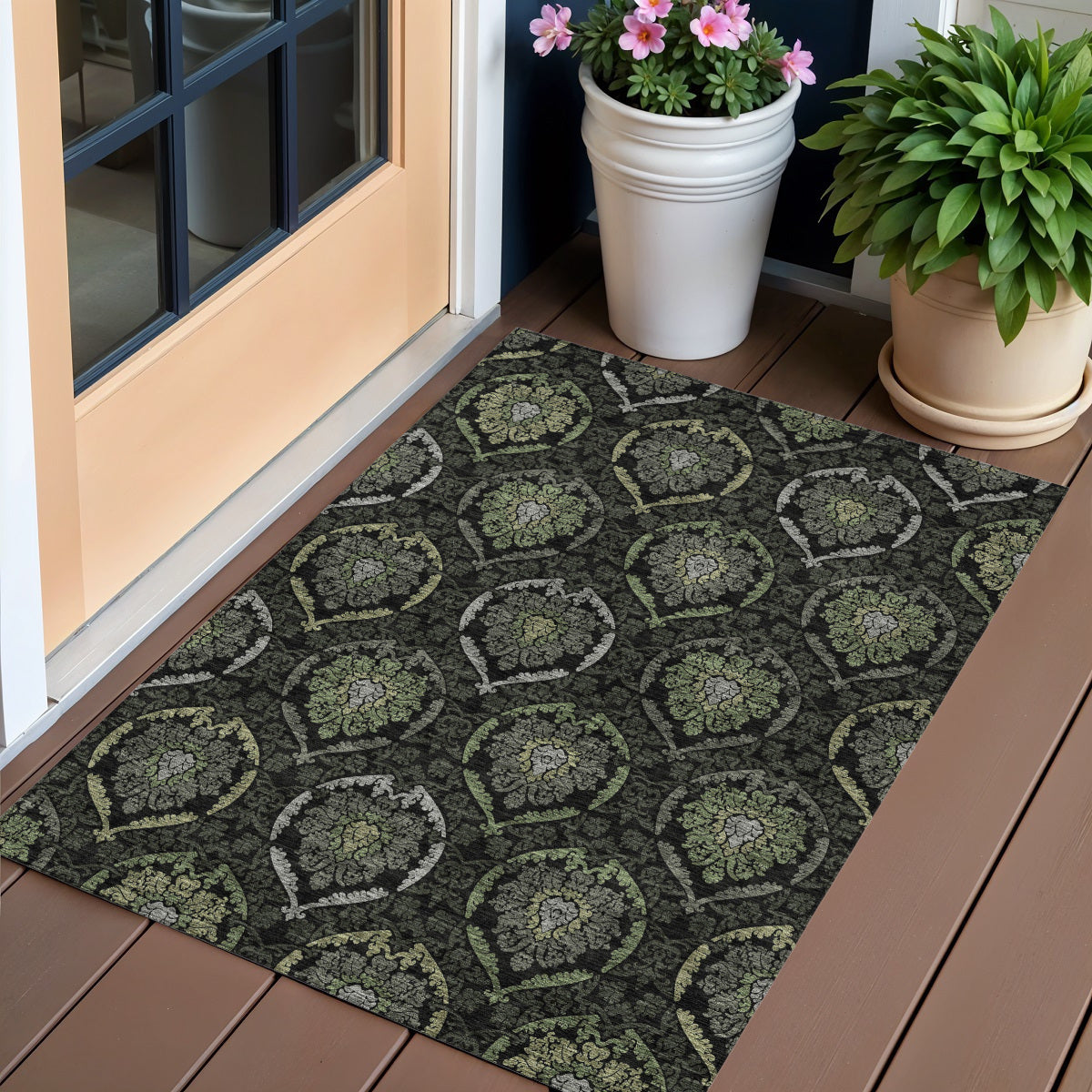 3 X 5 Green Gray And Charcoal Medallion Washable Indoor Outdoor Area Rug