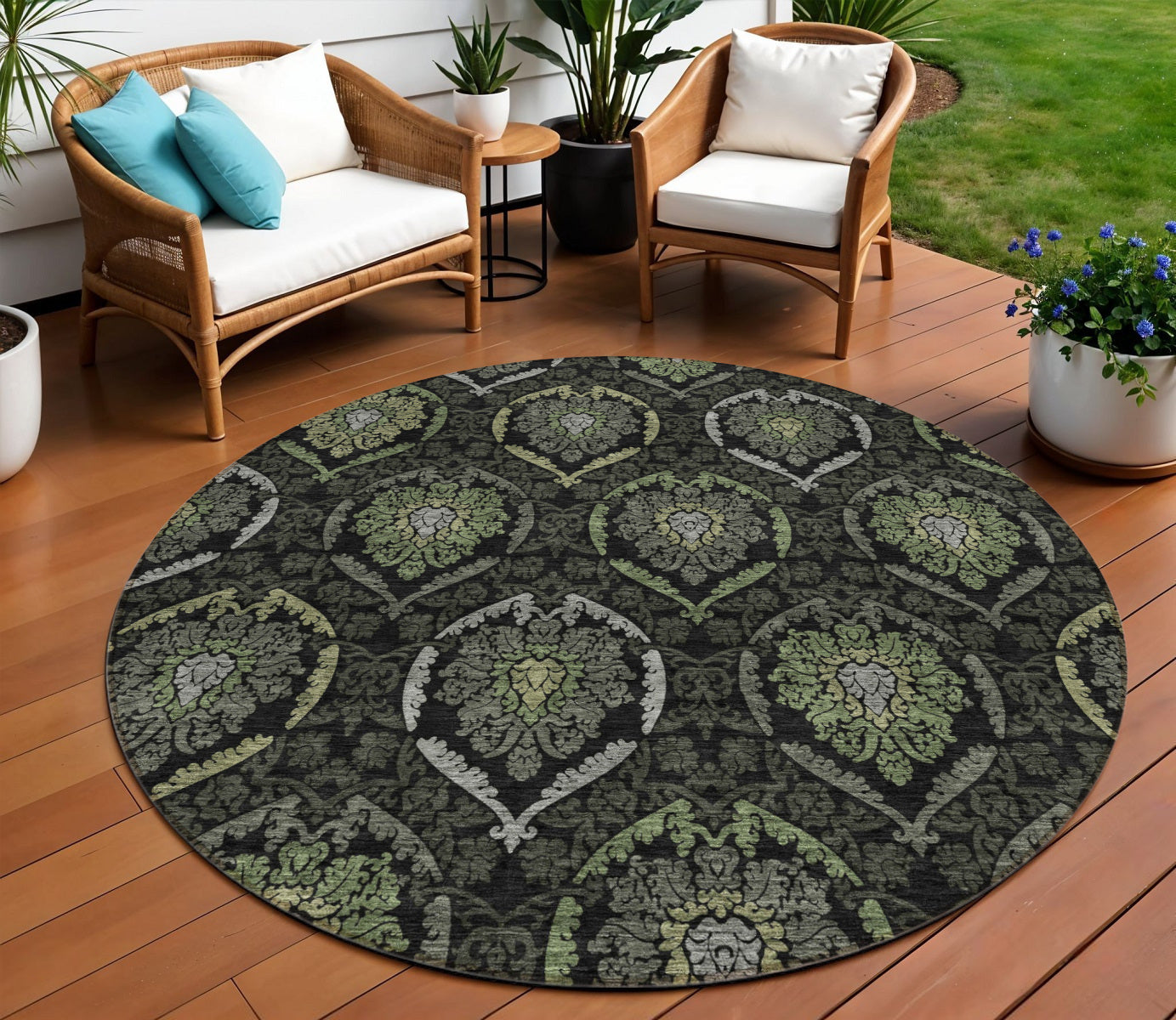 8 Green Gray And Charcoal Round Medallion Washable Indoor Outdoor Area Rug