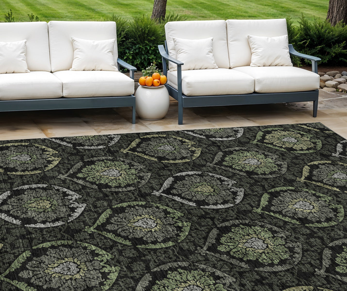 9 X 12 Green Gray And Charcoal Medallion Washable Indoor Outdoor Area Rug
