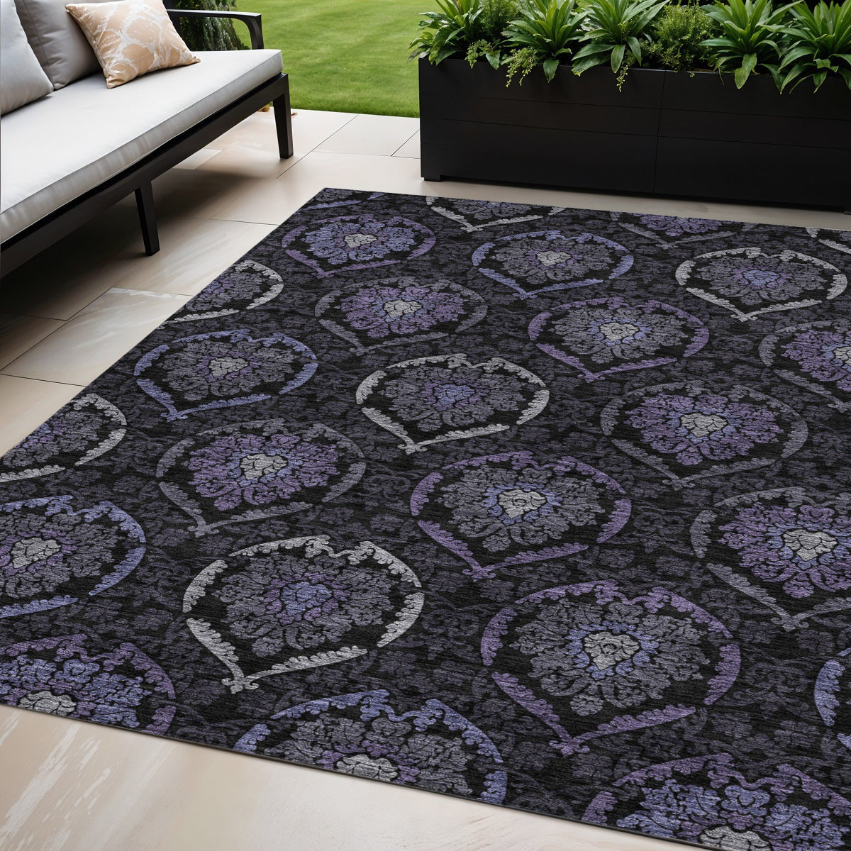 5 X 8 Purple Charcoal And Gray Medallion Washable Indoor Outdoor Area Rug