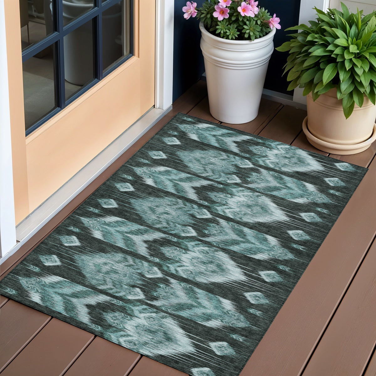 3 X 5 Teal Blue Aqua And Charcoal Southwestern Washable Indoor Outdoor Area Rug