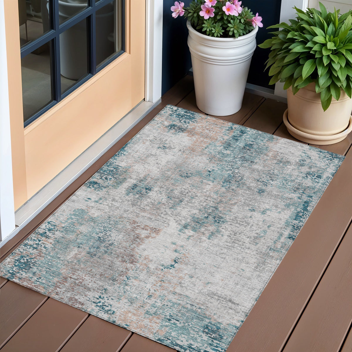 3 X 5 Teal Blue Beige And Copper Abstract Washable Indoor Outdoor Area Rug