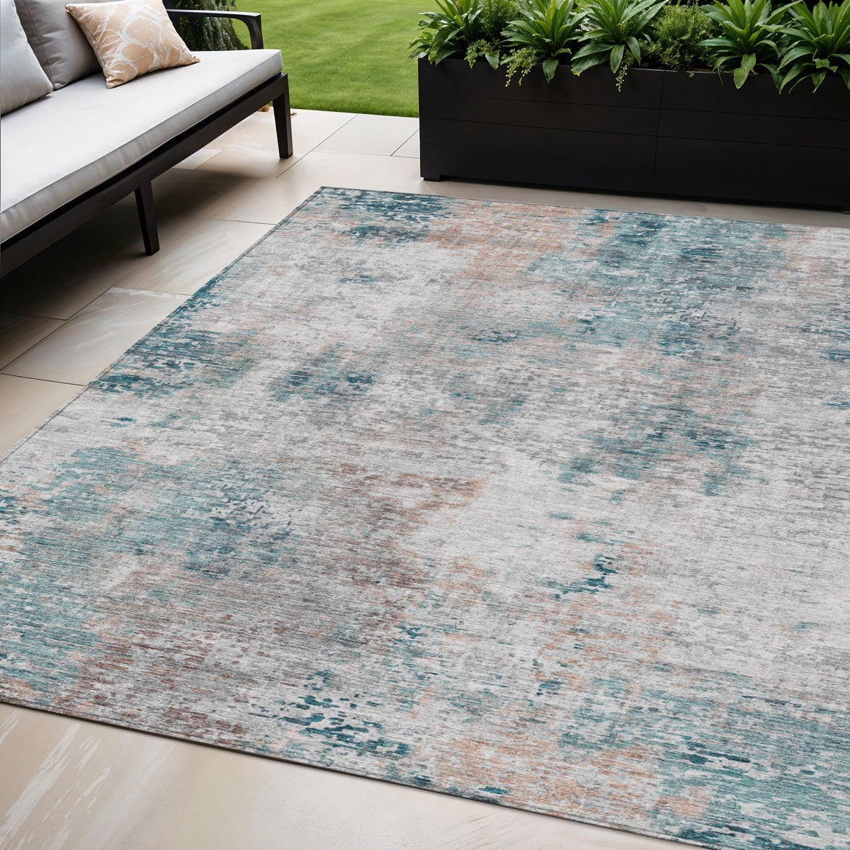 5 X 8 Teal Blue Beige And Copper Abstract Washable Indoor Outdoor Area Rug