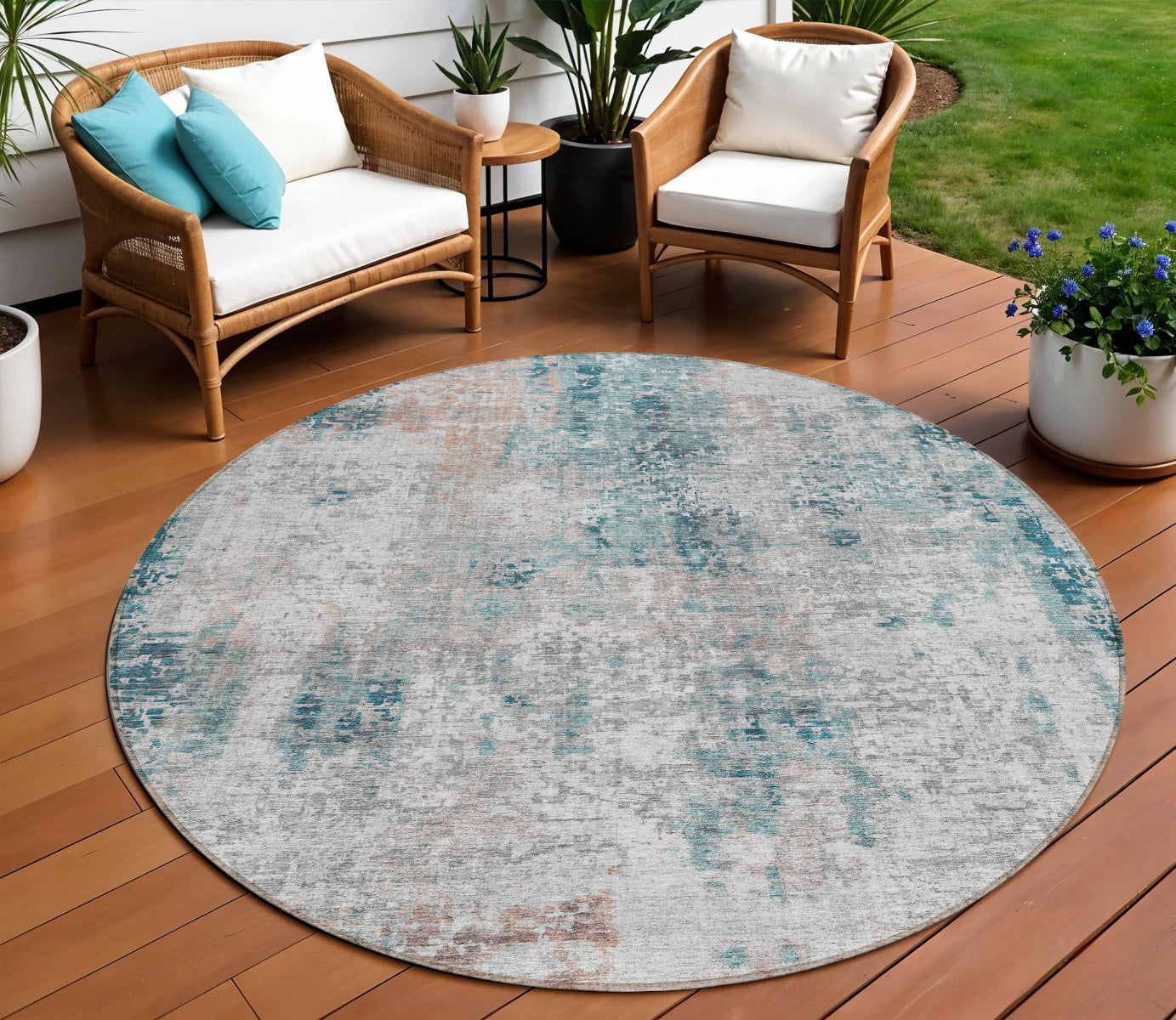 8 Teal Blue Beige And Copper Round Abstract Washable Indoor Outdoor Area Rug