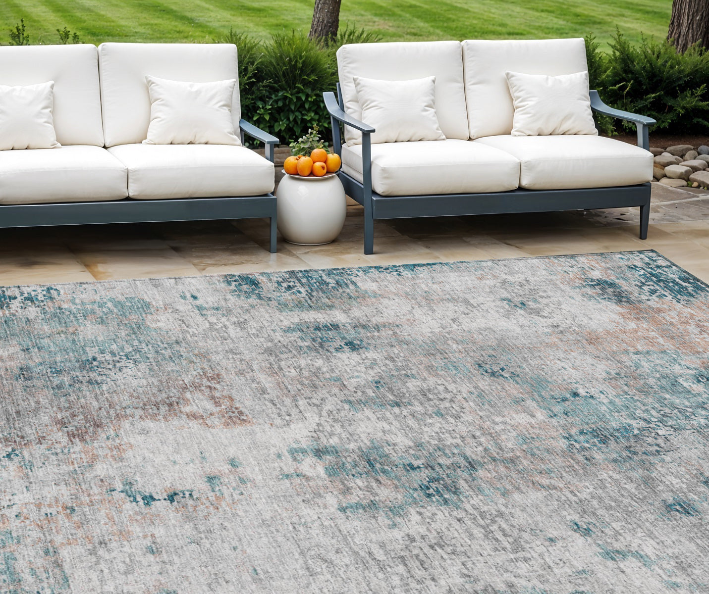 8 X 10 Teal Blue Beige And Copper Abstract Washable Indoor Outdoor Area Rug