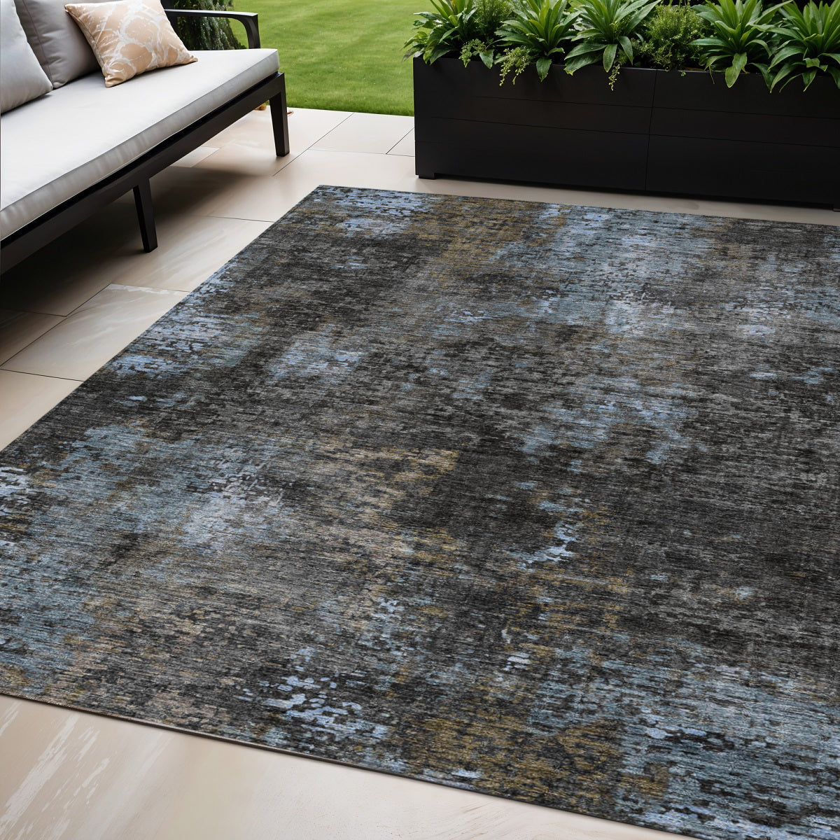 5 X 8 Graphite Charcoal And Silver Abstract Washable Indoor Outdoor Area Rug