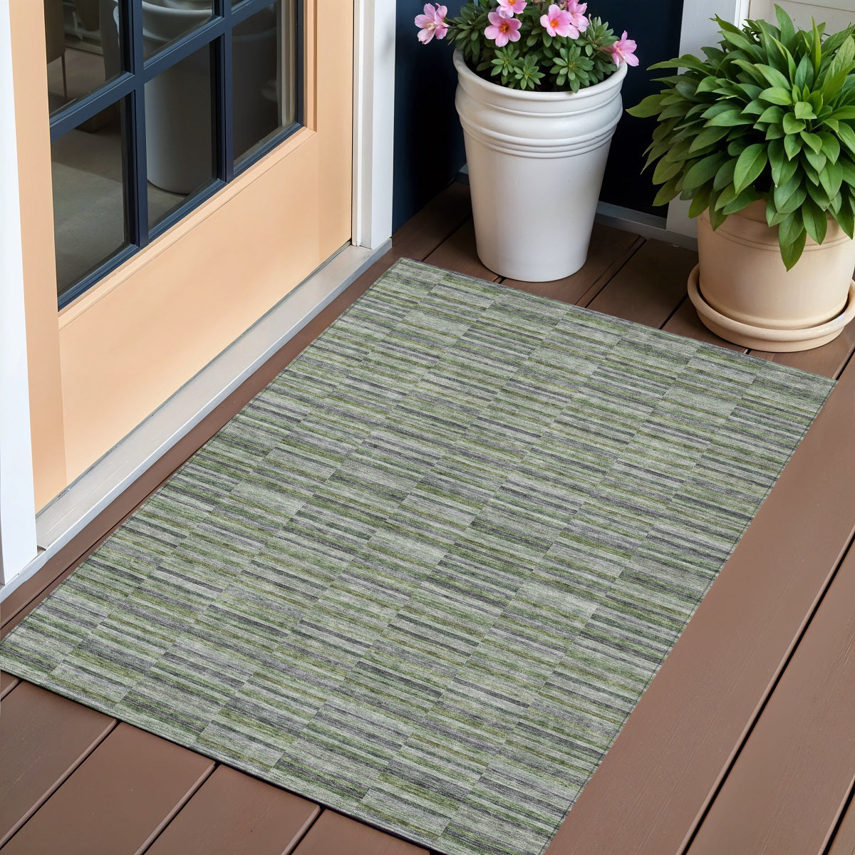 3 X 5 Olive Green And Gray Striped Washable Indoor Outdoor Area Rug