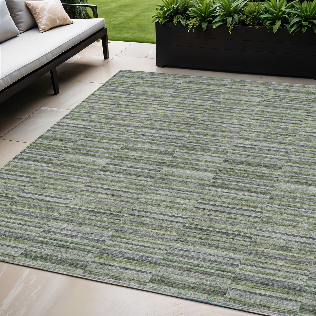 5 X 8 Olive Green And Gray Striped Washable Indoor Outdoor Area Rug