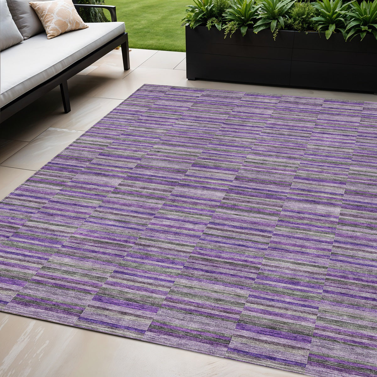 5 X 8 Purple And Lavender Striped Washable Indoor Outdoor Area Rug