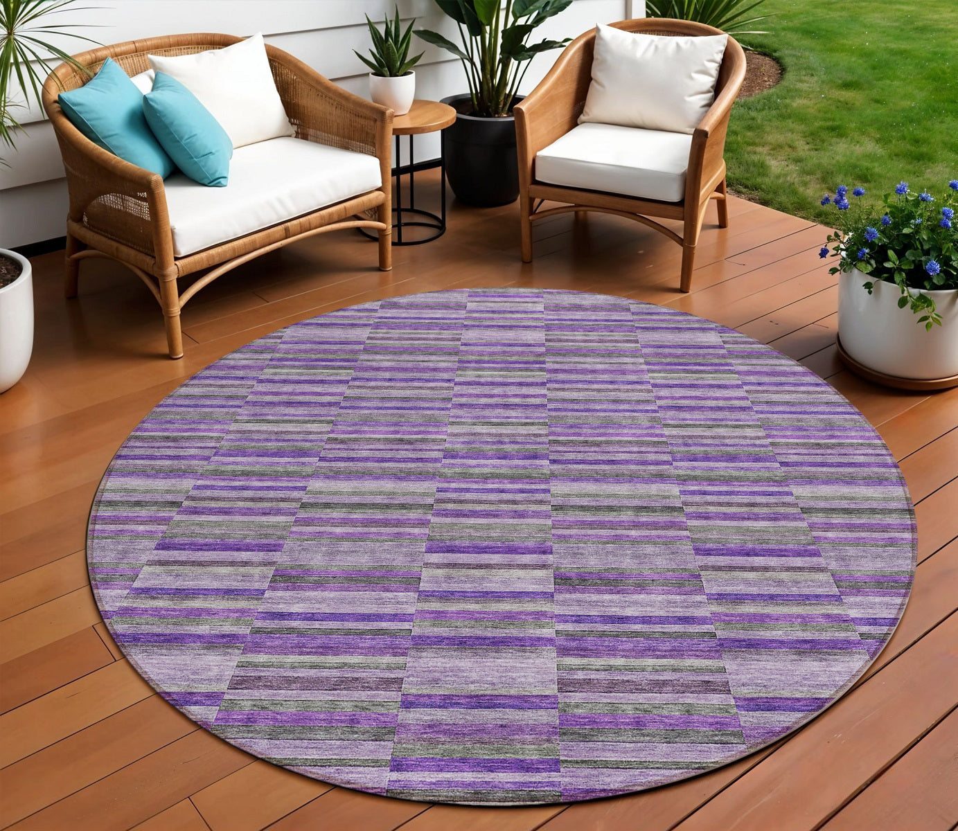 8 Purple And Lavender Round Striped Washable Indoor Outdoor Area Rug